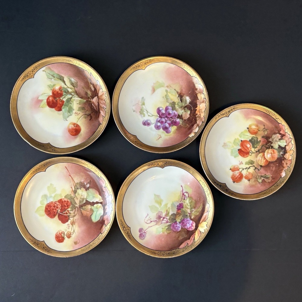 Antique Limoges A Lanternier Set of 5 c1890s Artist Signed 7" Bread Plates READ